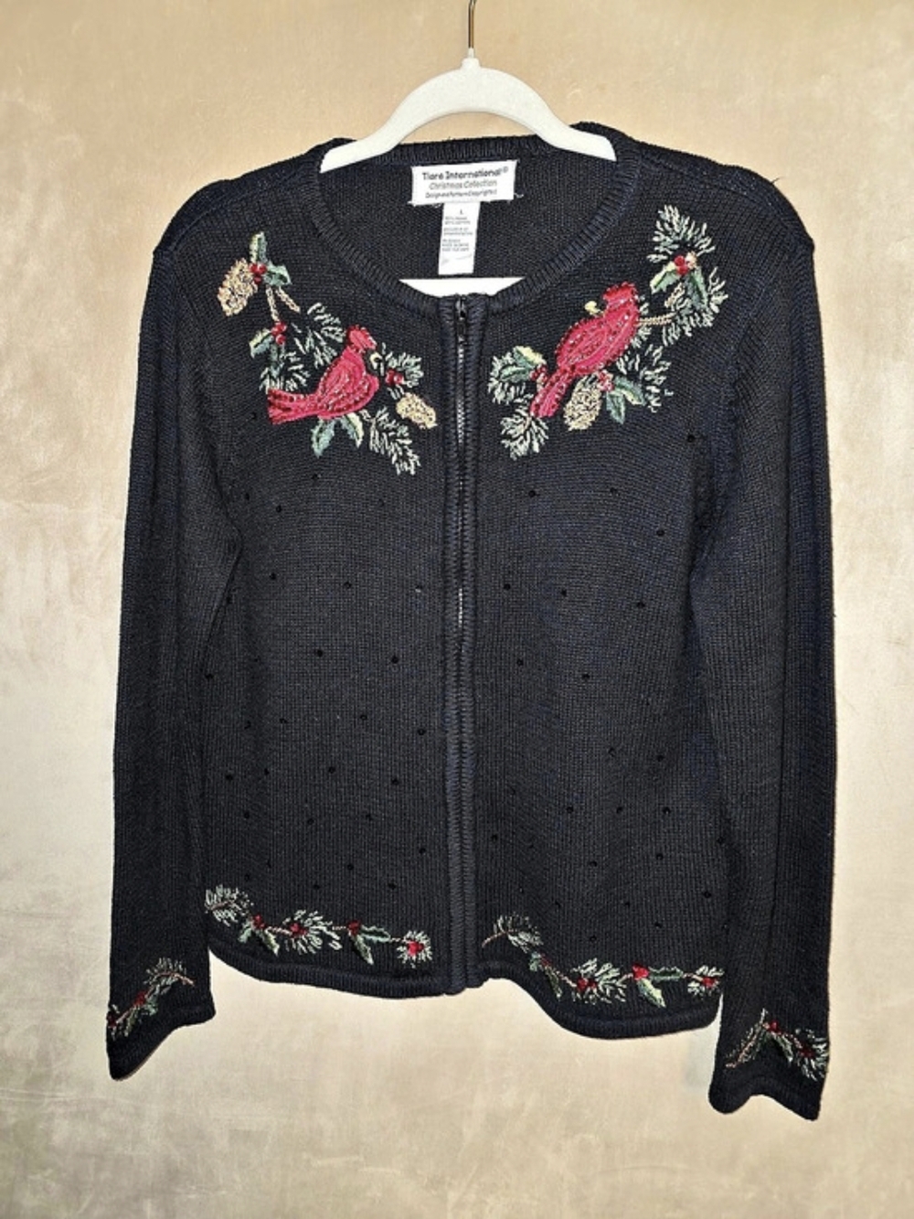 Tiara International Christmas Collection Cardinal Zip Cardigan Black & Red Large